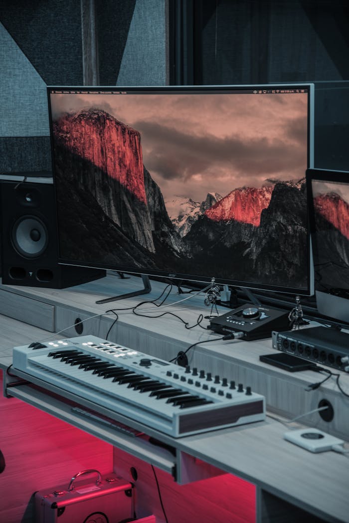 about-header Discover a cutting-edge music studio featuring electronic equipment and an audio mixer.
